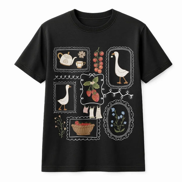 Cottagecore Goose T-Shirt | Whimsical Strawberry Garden Graphic | Soft Cotton Blend | Aesthetic Gift for Gardeners
