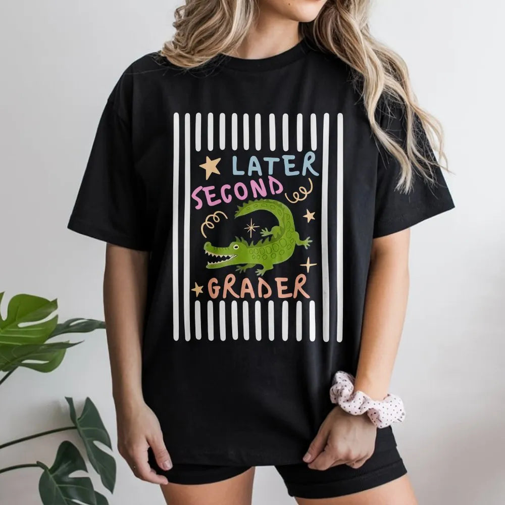 Later Second Grader T-Shirt | Funny Alligator Last Day of School Pun | Soft Cotton Tee | Gift for 2nd Grade Student