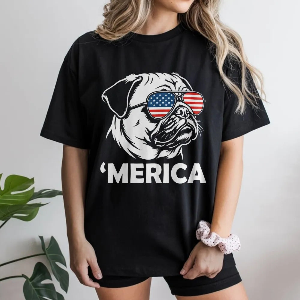 Funny Merica Pug Sweatshirt | Patriotic Dog with USA Flag Glasses | Cozy Unisex Crewneck | 4th of July Party Gift