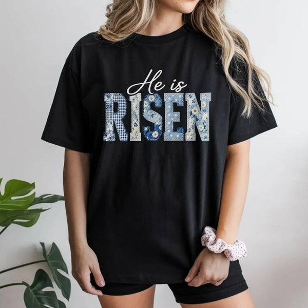 He Is Risen Sweatshirt | Blue Toile Patchwork Print Design | Soft Cotton Blend | Easter Gift for Christian Women