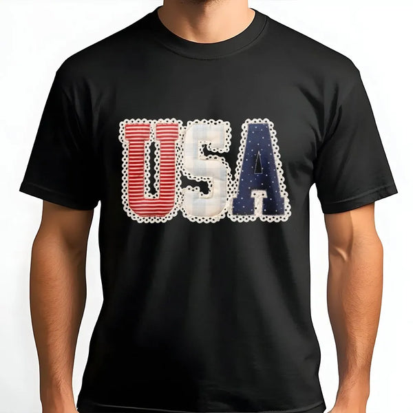 Preppy USA T-Shirt | Coquette Faux Patchwork Graphic | Soft Cotton Blend | Patriotic Independence Day Gift for Her