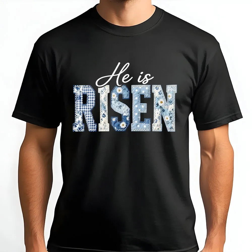 He Is Risen Sweatshirt | Blue Toile Patchwork Print Design | Soft Cotton Blend | Easter Gift for Christian Women