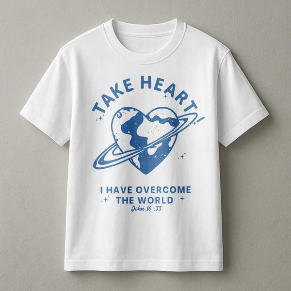 Christian T-Shirt | Take Heart John 16:33 Graphic | Soft Cotton Faith Tee | Religious Easter Gift for Men and Women