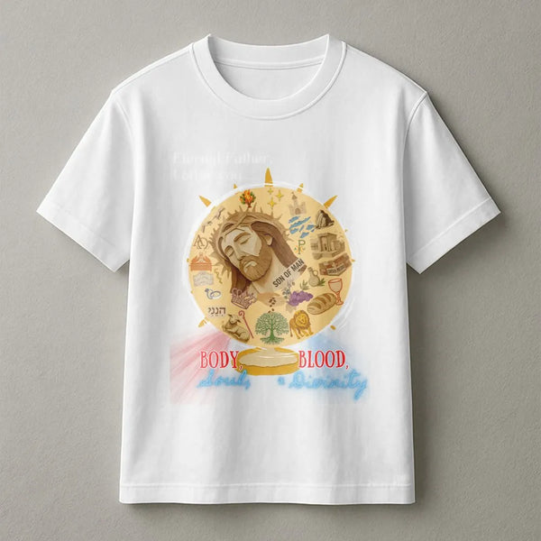 Divine Mercy T-Shirt | Body Blood Soul Divinity Graphic | Premium Cotton Blend | Catholic Christian Religious Gift
