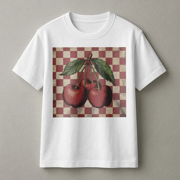 Vintage Cherry T-Shirt | Retro Checkerboard Fruit Graphic | Soft Cotton-Poly Blend | Y2K Aesthetic Gift for Women