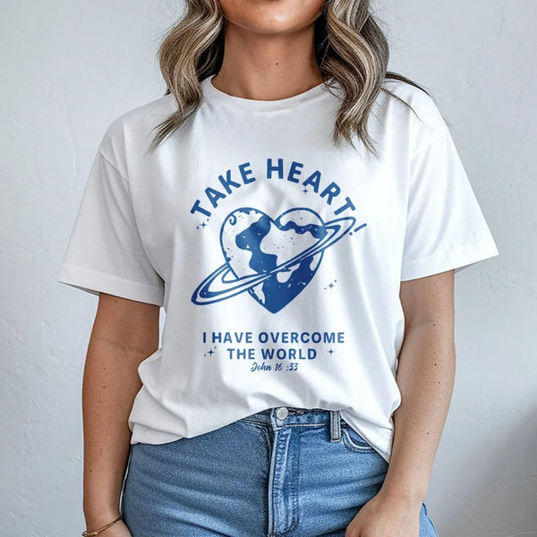 Christian T-Shirt | Take Heart John 16:33 Graphic | Soft Cotton Faith Tee | Religious Easter Gift for Men and Women