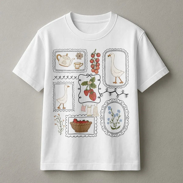 Cottagecore Goose T-Shirt | Whimsical Strawberry Garden Graphic | Soft Cotton Blend | Aesthetic Gift for Gardeners