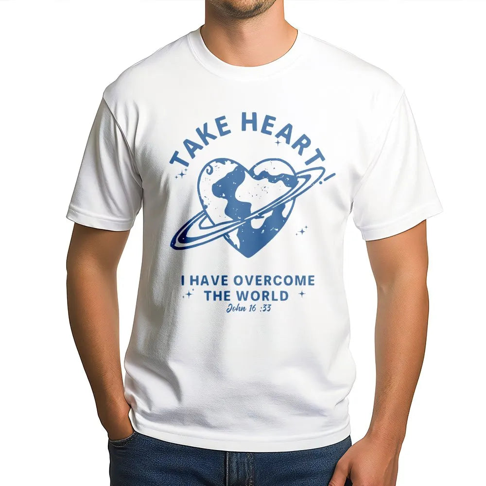 Christian T-Shirt | Take Heart John 16:33 Graphic | Soft Cotton Faith Tee | Religious Easter Gift for Men and Women