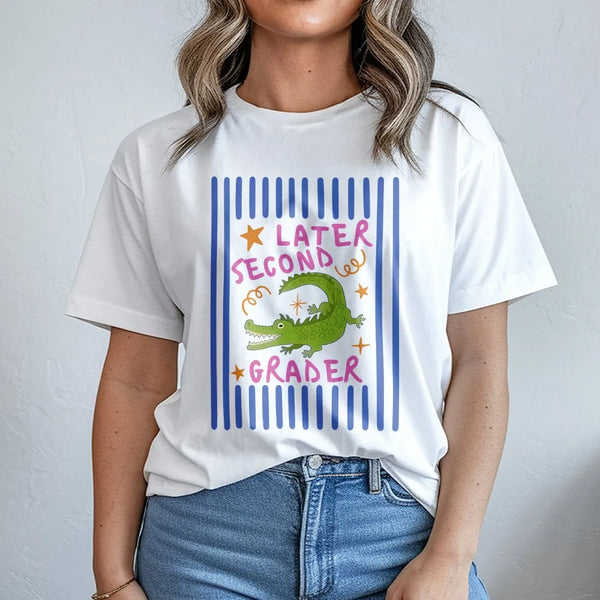 Later Second Grader T-Shirt | Funny Alligator Last Day of School Pun | Soft Cotton Tee | Gift for 2nd Grade Student