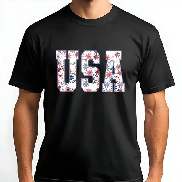 Patriotic USA T-Shirt | Red White and Blue Floral Print | Soft Unisex T-Shirt | 4th of July Independence Day Gift