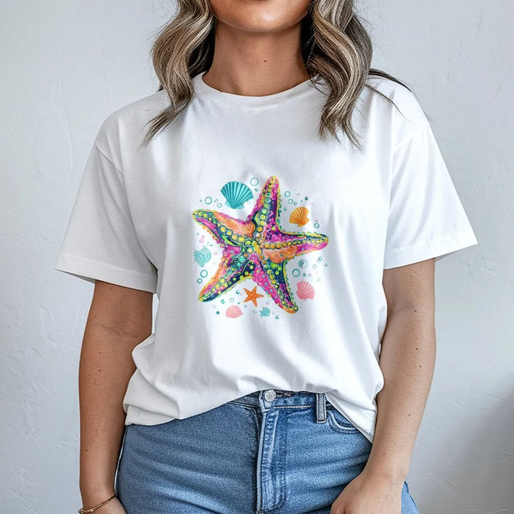 Starfish T-Shirt | Colorful Coastal Preppy Graphic | Soft Cotton-Poly Blend | Summer Vacation Gift for Beach Lover