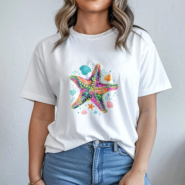 Starfish T-Shirt | Colorful Coastal Preppy Graphic | Soft Cotton-Poly Blend | Summer Vacation Gift for Beach Lover
