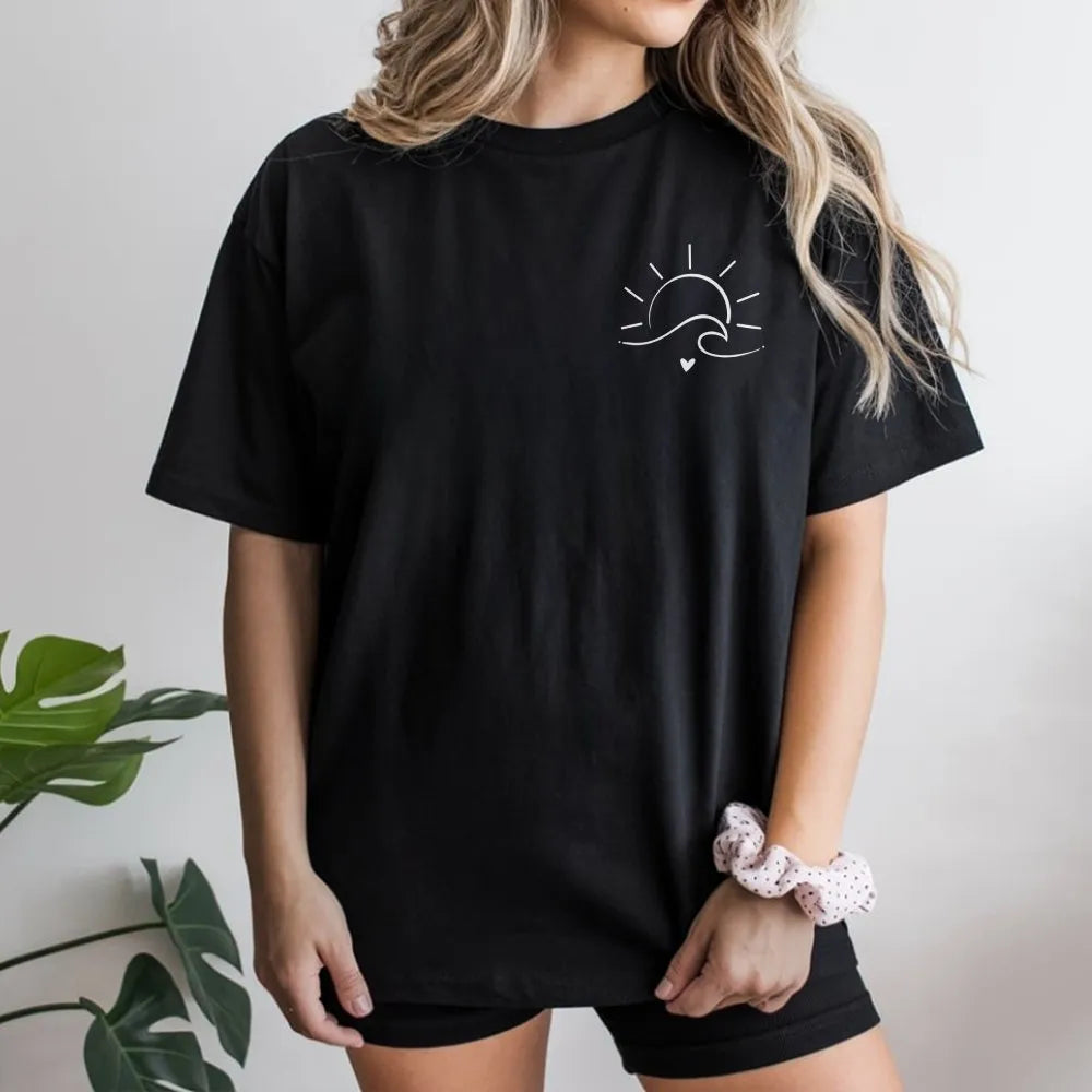 Minimalist Sun Wave T-Shirt | Boho Beachy Graphic Pullover | Soft Cotton Blend | Summer Ocean Lover Gift for Women